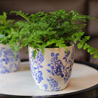 Pot bunga keramik retro bergaya distressed, pot tanaman porselen biru putih sederhana, pot tanaman hijau, vas hias
