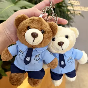 Grosir gantungan kunci boneka binatang Mini, gantungan kunci 2024 beruang Teddy putih kecil lucu dengan seragam polisi