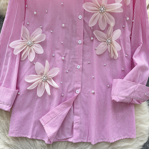 2025 Loose Stripe Blouse Women 3D Floral <strong>Crystal</strong> Design Elegant <strong>Top</strong> For Chic Style Long For Women <strong>Tops</strong> - Product Image 5