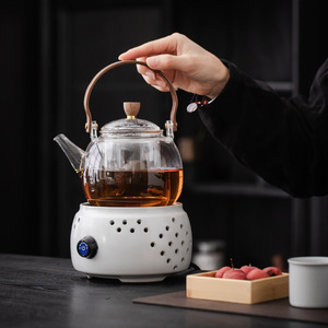 Poêle électrique en céramique avec théière en verre pour la préparation du thé, équipement de thé Kung Fu, rétro, blanc, dessus lisse, 1500W - Product Image 1