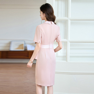 Apricot Color V Neck Peplum Career Dress Solid Polyester Women's Formal Workwear Summer Office Suit Style Dress - Product Image 4