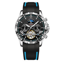 Montre mécanique automatique de luxe Glenaw, tourbillon, affichage de la date, phase de lune, bracelet en silicone, bracelet en bois, cadran en verre, plongeur