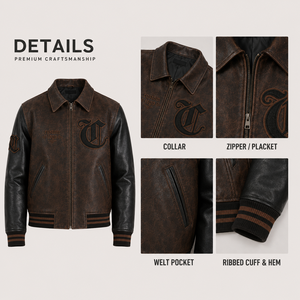 <span class=keywords><strong>Giacca</strong></span> Varsity OEM da Uomo Marrone e Nera, Personalizzata in Ecopelle Lavata, Pesante, con Zip e <span class=keywords><strong>Motivi</strong></span>, Stile Letterman - Product Image 4
