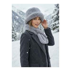 Women's Grey 2-Piece <b>Set</b> Plush Bucket <b>Hat</b> Neck Warmer <b>Scarf</b> Set02 - Anthracite - Product Image 4