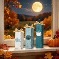 3 décorations en bois de citrouille bleues vieillies, design colonne verticale pour la décoration de fête de Thanksgiving