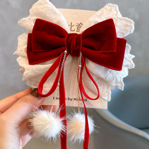 어린이 와인 레드 플러시 리본 헤어 클립 소녀 레이스 리본 이중 레이어 헤어핀 귀여운 진주 헤어핀 액세서리 - Product Image 3