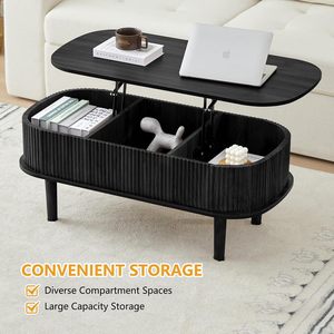 <span class=keywords><strong>Mesa</strong></span> de <span class=keywords><strong>Centro</strong></span> Moderna Ovalada <span class=keywords><strong>Negra</strong></span> Mate con Tapa <span class=keywords><strong>Elevable</strong></span> y Almacenamiento Oculto, <span class=keywords><strong>Mesa</strong></span> de Salón de Madera Acanalada - Product Image 4