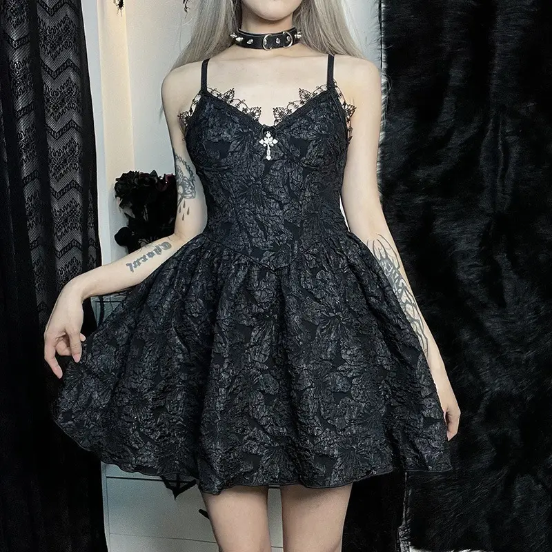 Women 90s Vintage Punk Harajuku Lolita Clothes Grunge Gothic Halloween Black Mini Dress Lace Trim High Waist Bodycon Dress