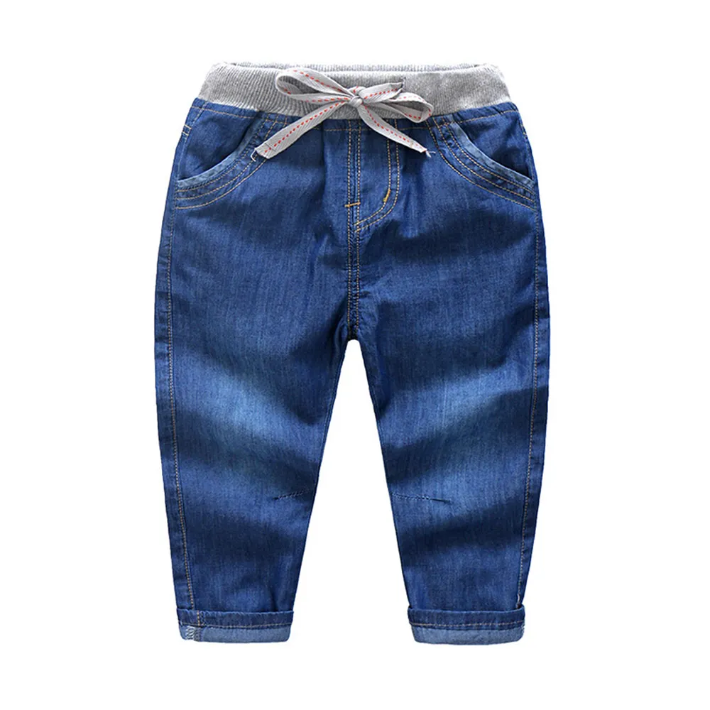 Mudkingdom Celana Jeans Bayi Laki-laki, Celana Panjang Denim Ramping Biru Muda dengan Tali Serut