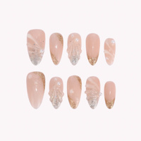 Faux ongles à presser couleur Nude Milk Tea, forme Amande moyenne, en acrylique, texture nacre, ligne dorée, paillettes argentées, 10 pièces, fournisseur SPA