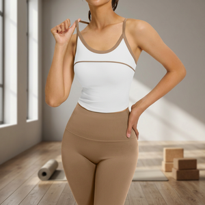 Ensemble de yoga 2 pièces pour femme : débardeur dos nageur à col rond et leggings taille haute avec bordure contrastante, couleur unie, respirant, tenue de sport - Product Image 1
