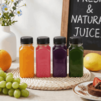 Bouteilles en plastique pour jus, stock local US, 200 pièces, bouteilles réutilisables en plastique avec couvercles, contenants jetables pour boissons et jus