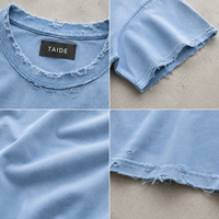 T-shirt TaiDe certifié GRS 280GSM bleu ciel teint pigmentaire, triple effet vieilli, ourlet brut, coupe oversize, vierge, personnalisable avec logo, OEM ODM, vente en gros