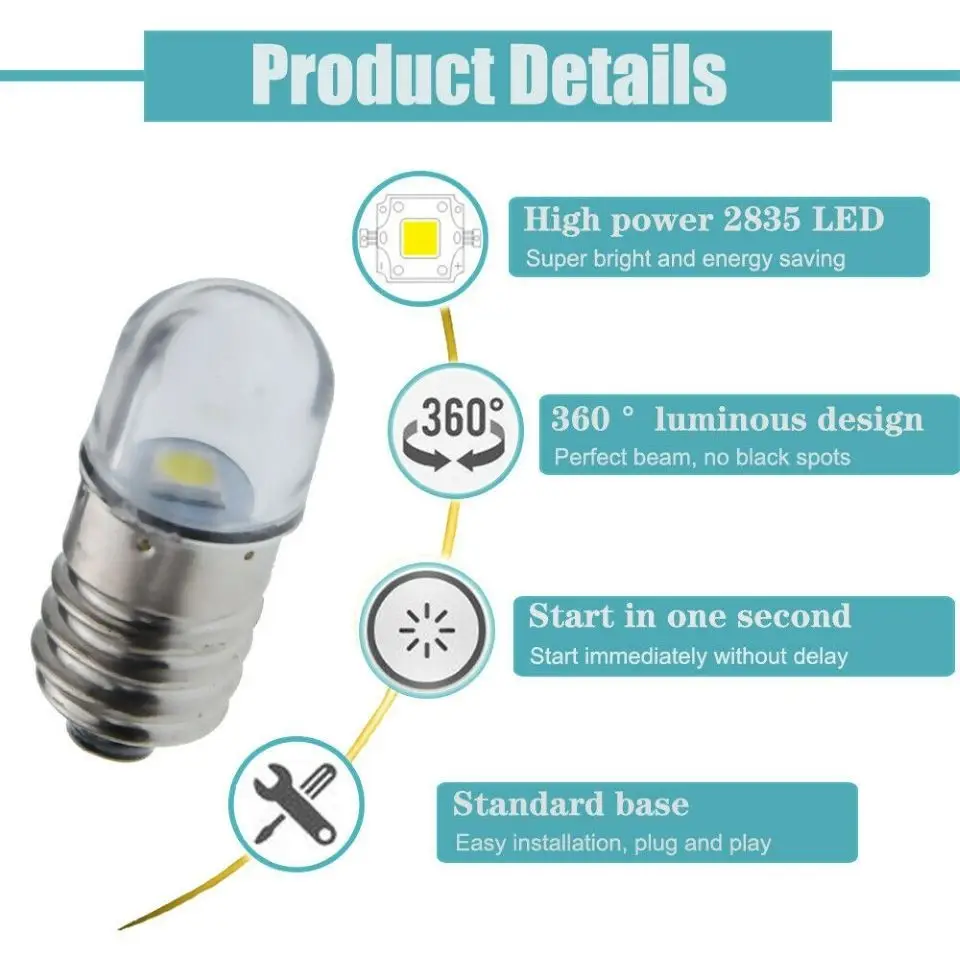 E10 나사 LED 전구 2835 1SMD LED 장치 표시기 손전등 전구 3V 6V 12V LED 손전등 교체 전구 토치