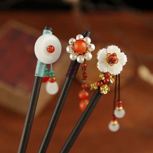 Horquilla de madera con perlas para mujer, estilo chino, con borlas de flores, accesorios elegantes para el cabello - Product Image 2