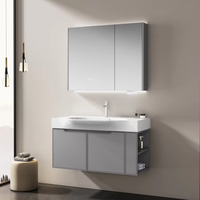 Meuble de salle de bain en contreplaqué avec miroir gris, vasque flottante, éclairage LED tactile intelligent, double porte, étagères latérales de rangement pour appartement