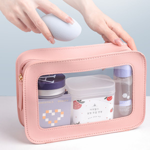 Korean style trendy <b>makeup</b> <b>bag</b>, portable leather and PVC patchwork toiletry <b>bag</b>, large capacity travel organizer. - Product Image 1