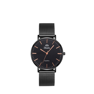 Reloj de Cuarzo Redondo Minimalista, Esfera Negra, Manecillas Doradas, Correa Milanesa de Acero Inoxidable, 38 mm, Unisex, Analógico, de Moda - Product Image 1