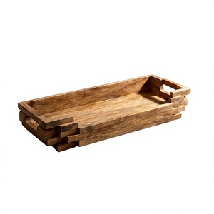 Bandeja de Servir Geométrica de Madera al por Mayor, Plato de Madera de Mango con Diseño de Ladrillos Apilados y Ranuras - Product Image 1