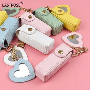 Bolsas de PU al por mayor para pintalabios con llavero, mini espejo de maquillaje con forma de corazón, bolsas portátiles pequeñas para brillo labial con llavero - Product Image 3