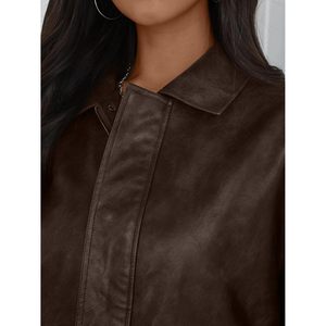 Women's Oversized Faux <b>Leather</b> Bomber <b>Jacket</b> Full Sleeve Windproof Autumn <b>Winter</b> Spring Coat - Product Image 5