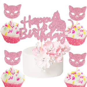 Decoración Para Tarta De Cumpleaños Temática Gato | Con Purpurina Rosa Rojo | Tamaño 5.9x3.5 Pulgadas | No Comestible, Solo Decorativo