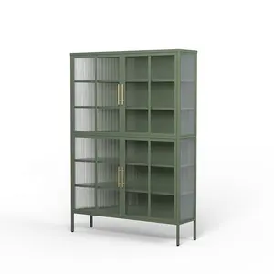 Fashion High Quality home usage display cabinet modern design 4 door wave glass high cabinet shelf grey color