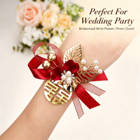 Corsage Pergelangan Tangan Buatan dari Mutiara Logam Merah, Hiasan Tangan Berhiaskan Rhinestone dengan Motif Kebahagiaan Ganda Cina untuk Pengiring Pengantin dan Pengantin Wanita.