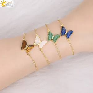 CSJA venta al por mayor joyería de moda pulsera de acero inoxidable curación Reiki piedra Natural cuarzo rosa mariposa mujeres pulseras H161