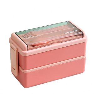 Double-Layer <b>Compartments</b> and Cutlery 1400Ml Plastic <b>Lunch</b> <b>Box</b> Set for Office Workers Microwaveable Japanese-Style Bento <b>Box</b> - Product Image 1