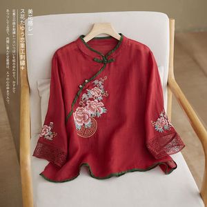 Traditional Chinese Women's Embroidered Cotton Linen Tea Robe Red Mid Sleeve Stand Collar Shirt With Floral Design - Product Image 1