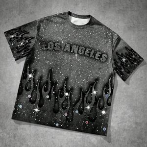 レインボースプレーカスタムメンズティーレトロルーズフィットラウンドネック夏キラキラTシャツラインストーン付き半袖Tシャツ - Product Image 1