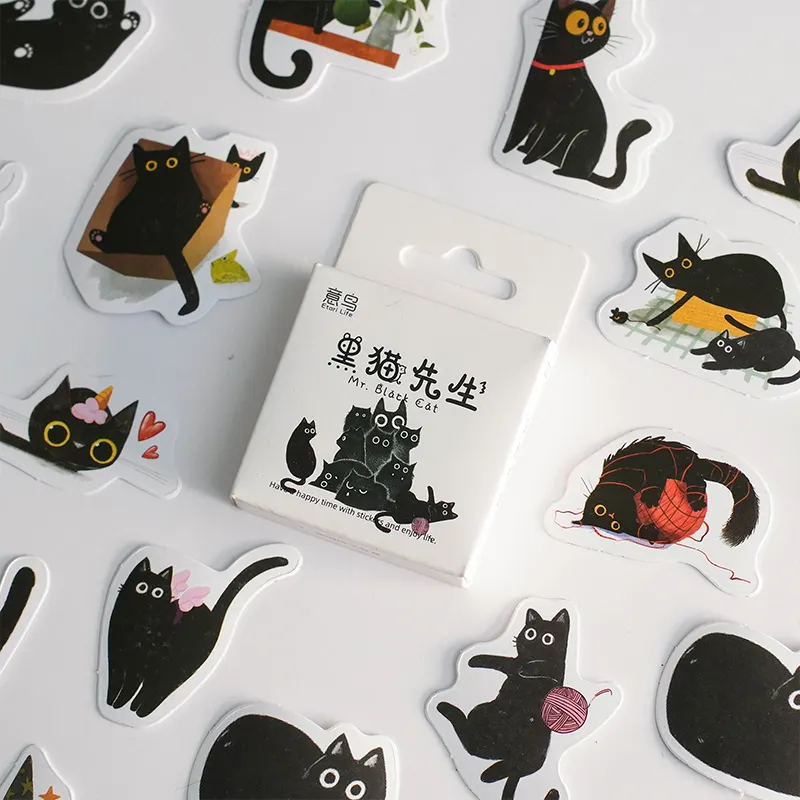 46 יח'\קופסה מדבקות נושא חתול שחור קישוט קוואי מדבקות חתולים חמודים מדבקות רצועות דביקות עצמית למתכנני מחשב נייד