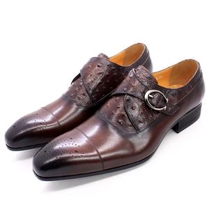 Classic and Luxurious Ostrich-print Brocade Men's Leather <b>Shoes</b> with Adjustable Buckles Pointed Toe for Parties and Weddings - Product Image 1