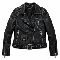 Jaket Kulit Motor Wanita Gaya Gothic Mewah Gelap Tebal dengan Ritsleting Diagonal, Distressed Vintage, Tahan Air, Katun Nilon ODM