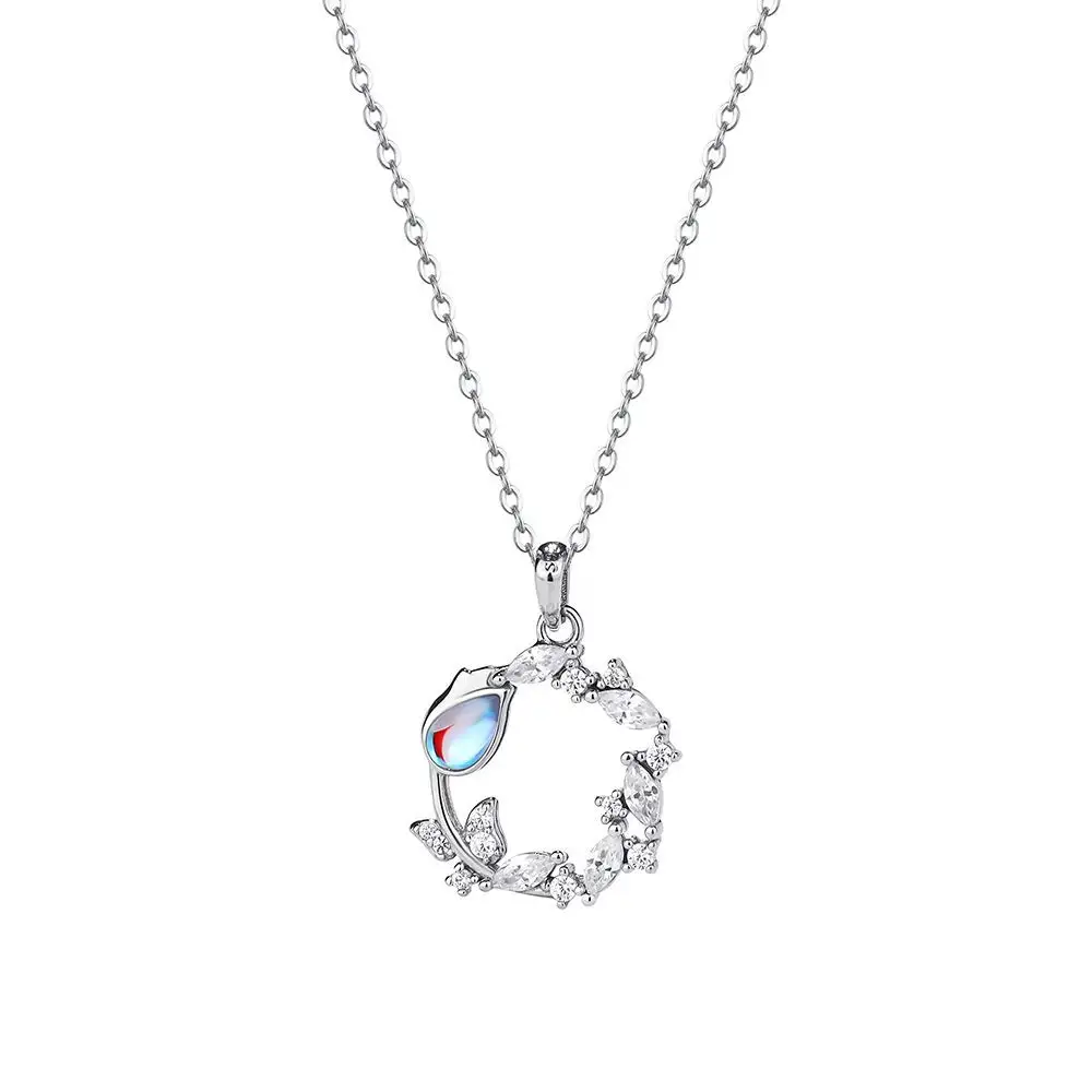 Collana di alta gioielleria con ciondolo da donna in pietra di luna in argento sterling 925 di lusso leggero con collana di ciondoli in pietra blu