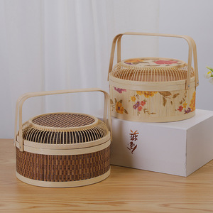 Giỏ đựng đồ đa năng bằng tre đan thủ công, thân thiện với môi trường, kiểu dáng tròn, có tay cầm, dùng để đựng thực phẩm, đóng gói bánh ngọt, trang trí nhà cửa - Product Image 2