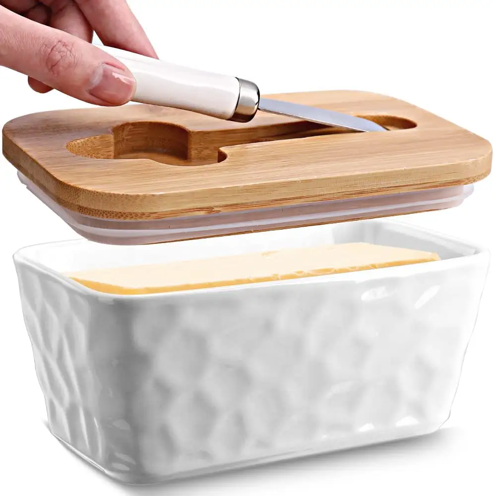 Upgrade Airtight Large Unique Stoneware Porcelain Butter Box Ceramic Butter Dish with Bamboo Lid