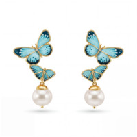 EDGE Nouveau Design Personnalisé Papillon Bleu Perle Émail Plaqué Or Boucles d'Oreilles Pendantes Tendance Mode Bijoux Vente en Gros