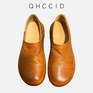 European Style Genuine Leather Men's <b>Slip</b>-<b>On</b> Loafers Mid-Heel Thick Sole Breathable Casual Shoes Brown Solid Color - Product Image 4
