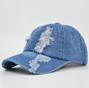 Toptan özel nakış logosu Unisex yıpranmış yıkanmış Snapback şapka Hip Hop şapka baba şapka Retro sıkıntılı yıkanmış Denim spor kapaklar