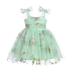 Floral Butterfly Tulle Sleeveless Summer Dress Strap Design Smocked Back Knee Length Princess Party Kids Dresses