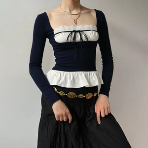Camiseta de manga larga con cuello cuadrado de encaje y cordones, estilo moderno para chicas atractivas, con combinación de colores en contraste, cintura ajustada y parte superior con volantes. - Product Image 6