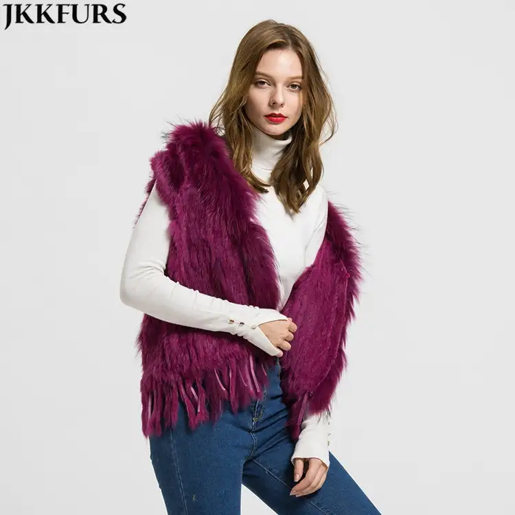 Women Fashion Fur Vests Real Rabbit Fur With Raccoon Fur Collar Gilet Winter Warm Waistcoat