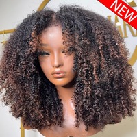 Wig Rambut Manusia Kinky Curly 13x4 Highlight HD Lace Frontal untuk Wanita Kulit Hitam, Wig Lace Closure 5x5