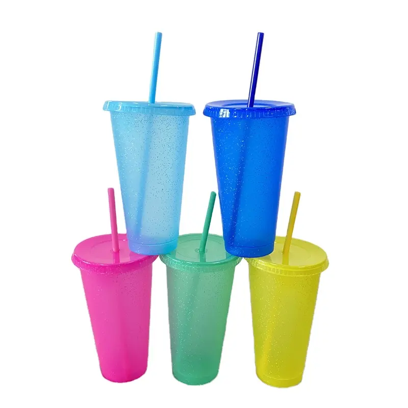 Groothandel Glitter Plastic Tumbler Cup 16Oz 24Oz Bpa Gratis Herbruikbare Glitter Frosted Plastic Koude Kopjes Met Deksel En rietjes