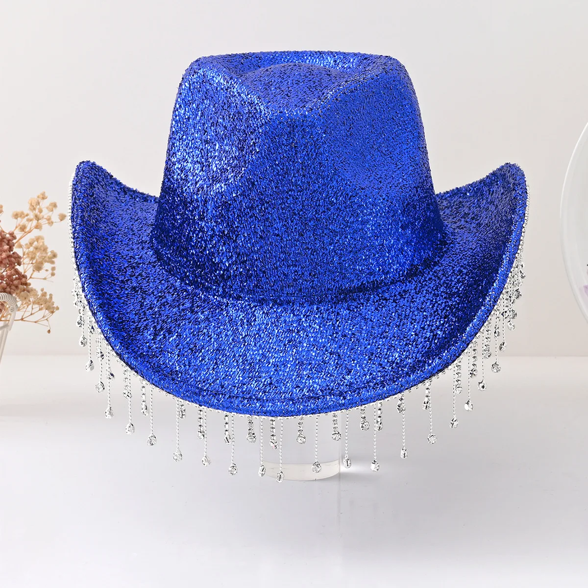 4944 Blue Cowboy Hat With Fringe, Fringe For Women- Glitter Rhinestone Fringe Cowboy Hat: Handmade Festival and Country  main image 3