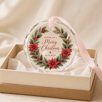 Ornement de Noël personnalisé en verre cristal, rond et facetté, à suspendre, avec impression aquarelle et ruban de satin pour cadeau d'arbre de Noël