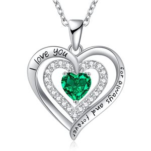 Collier en argent sterling 925 avec double cœur et pierre de naissance de mai, émeraude simulée et micro-pavé de zirconiums blancs, cadeau pour femme - Product Image 1