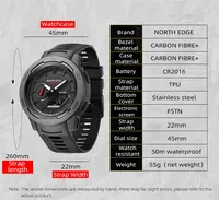 Jam Tangan Outdoor Pria NORTH EDGE Mars 3 Digital Serat Karbon Tahan Air 50M Jam Tangan Olahraga Waktu Dunia LED